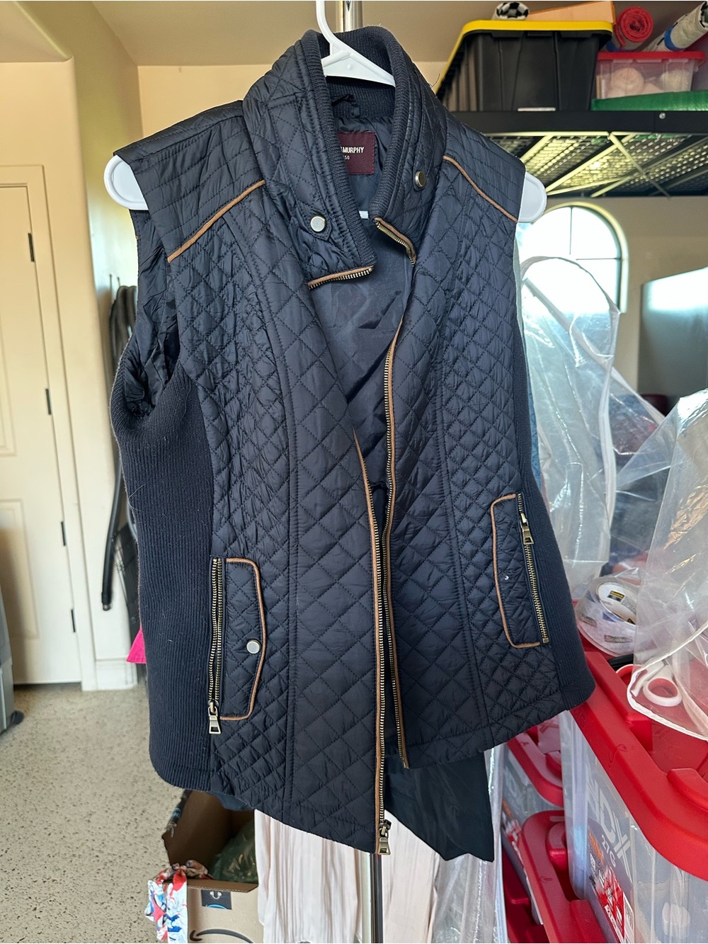 Johnston & Murphy Quilted Navy Sleeveless Vest with Tan Contrast Trim